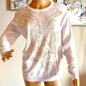 Versace lightweight white sweater with gold accents and details.